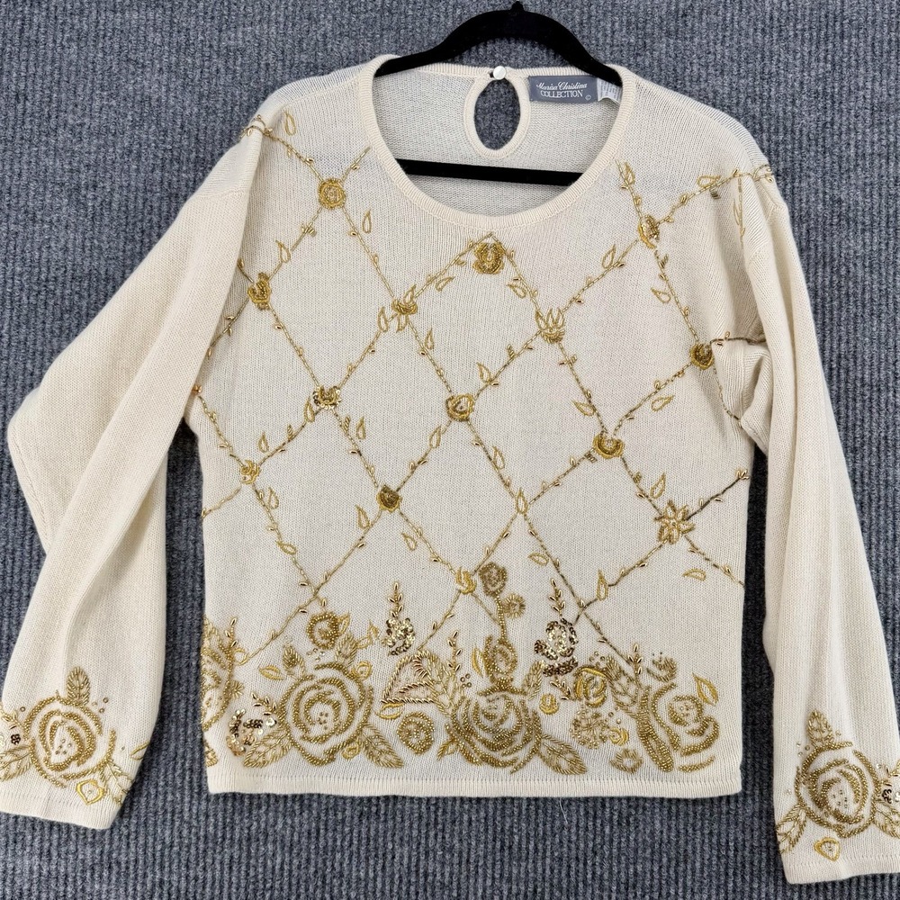 Vintage Lambswool Angora Beaded Sweater Cream Gold Embellished Medium Windowpane